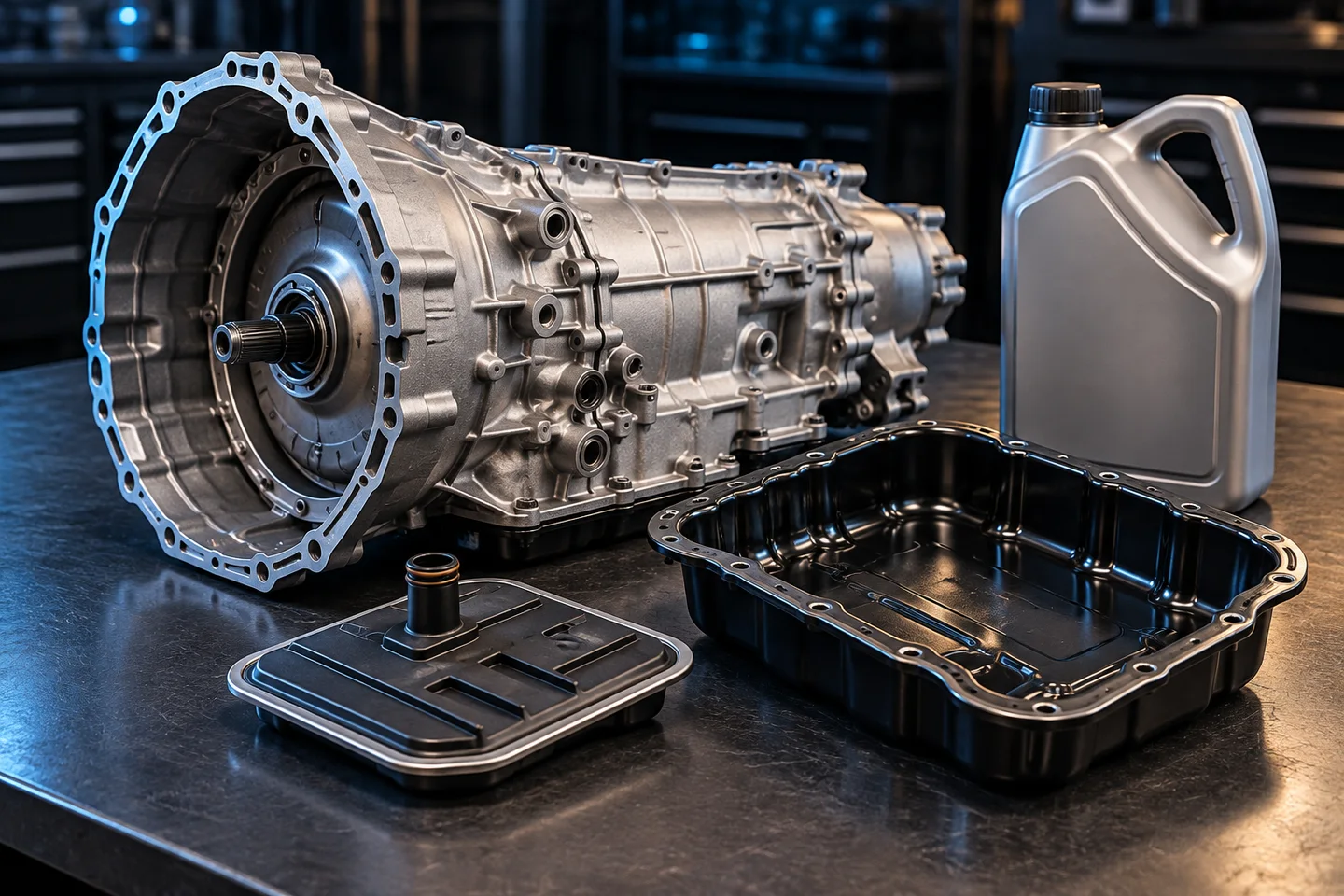 AI illustration of an automatic transmission, fluid, filter and sump pan