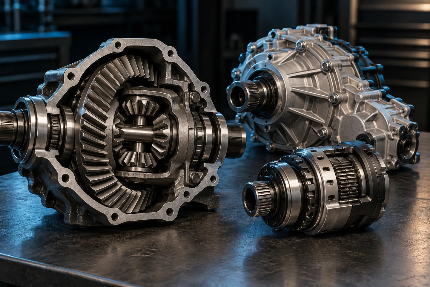 AI illustration of a differential, transfer case and AWD coupling