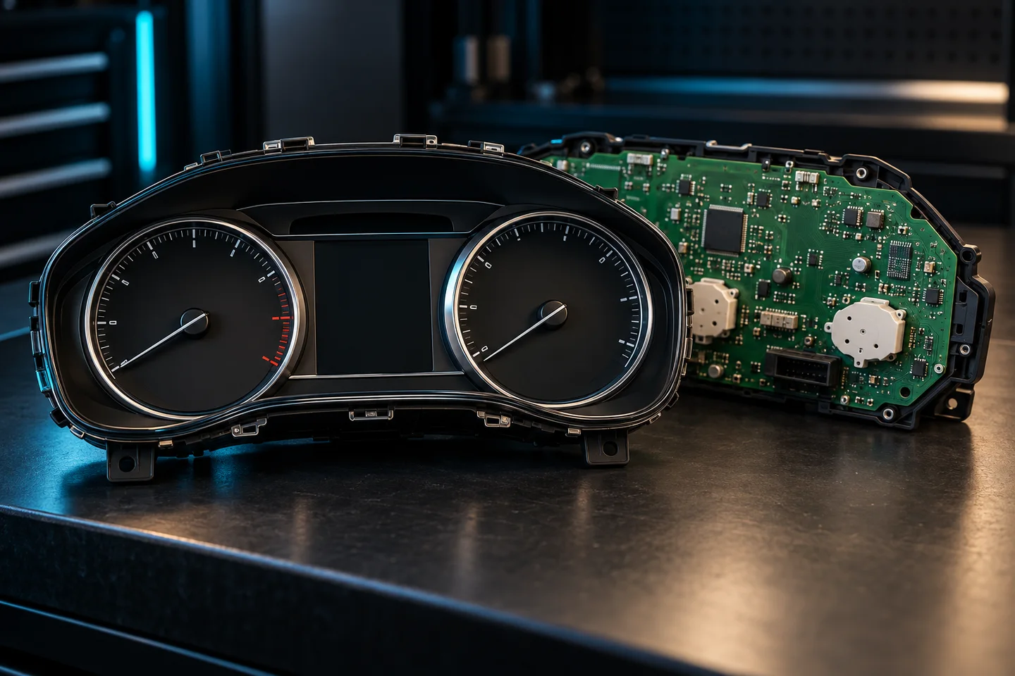 AI illustration of an instrument cluster and its circuit board