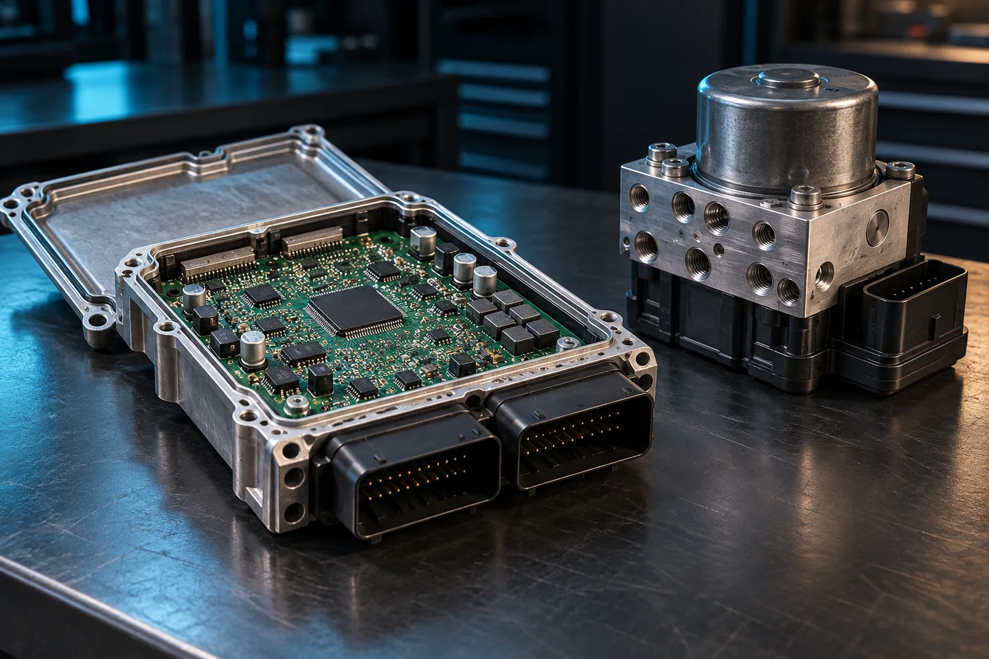 AI illustration of an ECU circuit board and ABS hydraulic control module