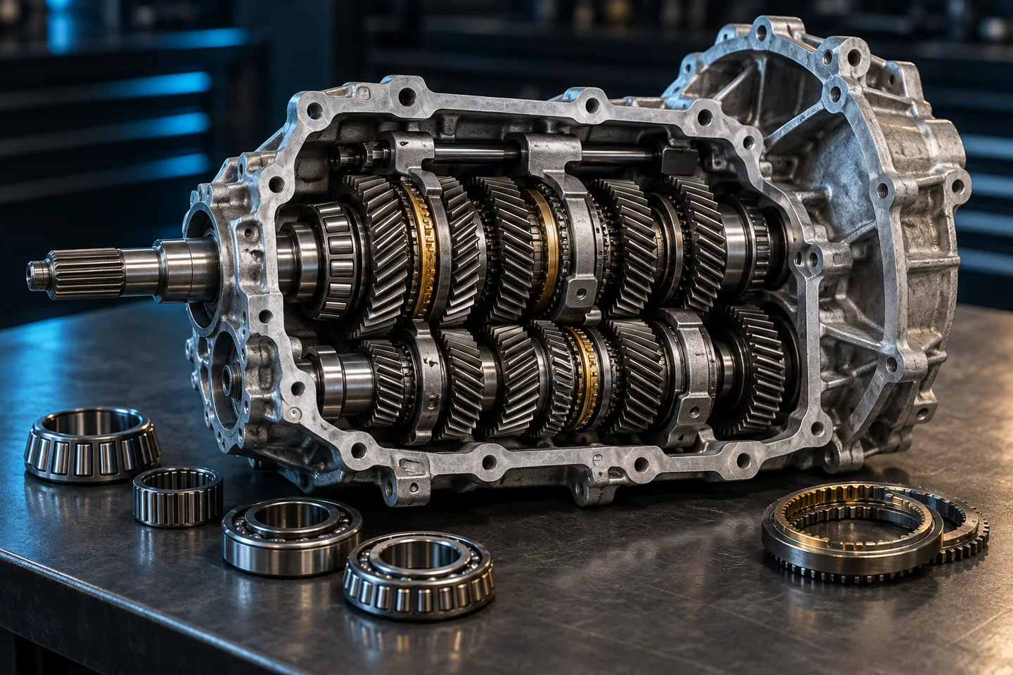 AI illustration of manual gearbox shafts, gears, synchronisers and bearings