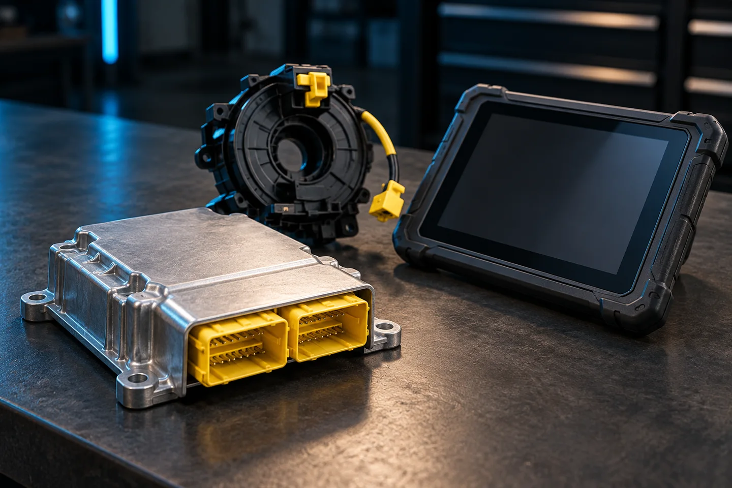 AI illustration of an airbag control module, clock spring and diagnostic tablet